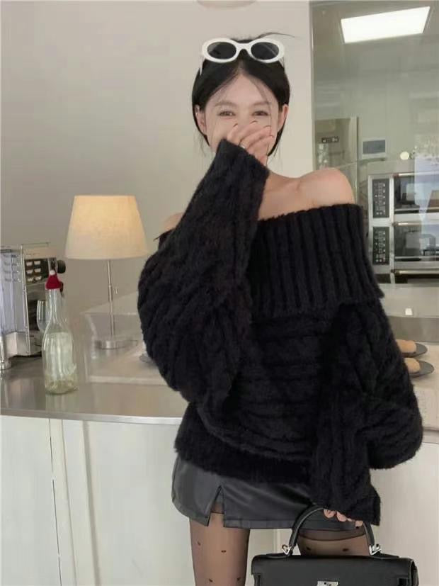 Off shoulder cable knit sweater