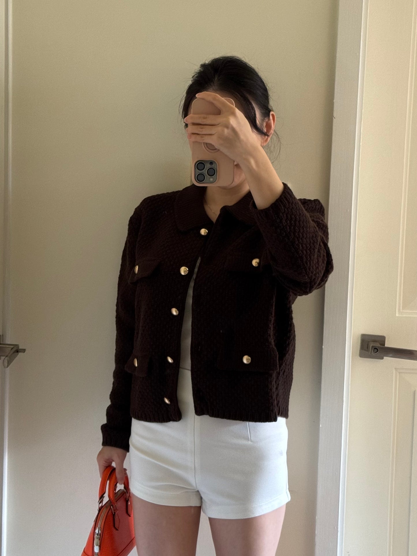 Dark Brown Waffle Knit Cardigan 深咖啡金扣針織外套