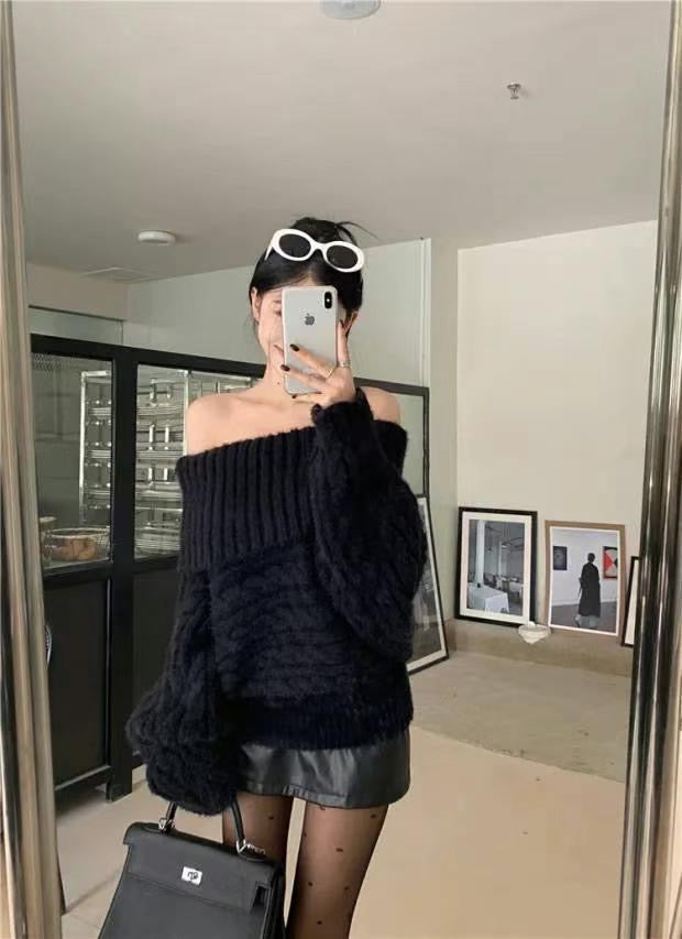 Off shoulder cable knit sweater