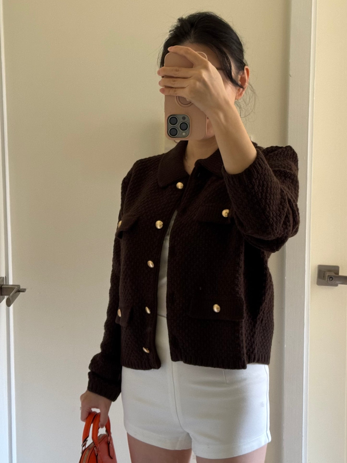 Dark Brown Waffle Knit Cardigan 深咖啡金扣針織外套