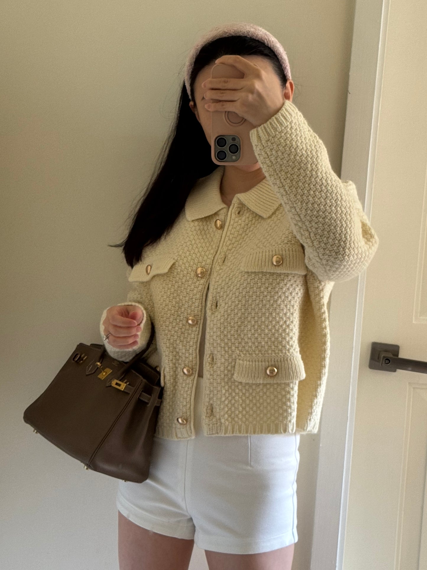 Waffle Knit Cardigan 米白色金扣針織外套