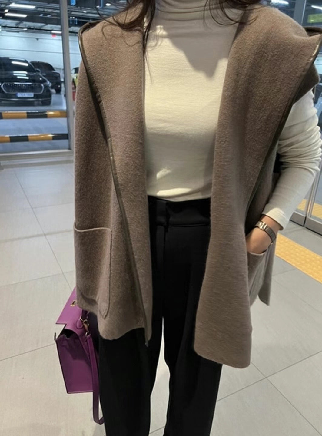 The Beiges Taupe Leather Trim Lapel Collar Cardigan