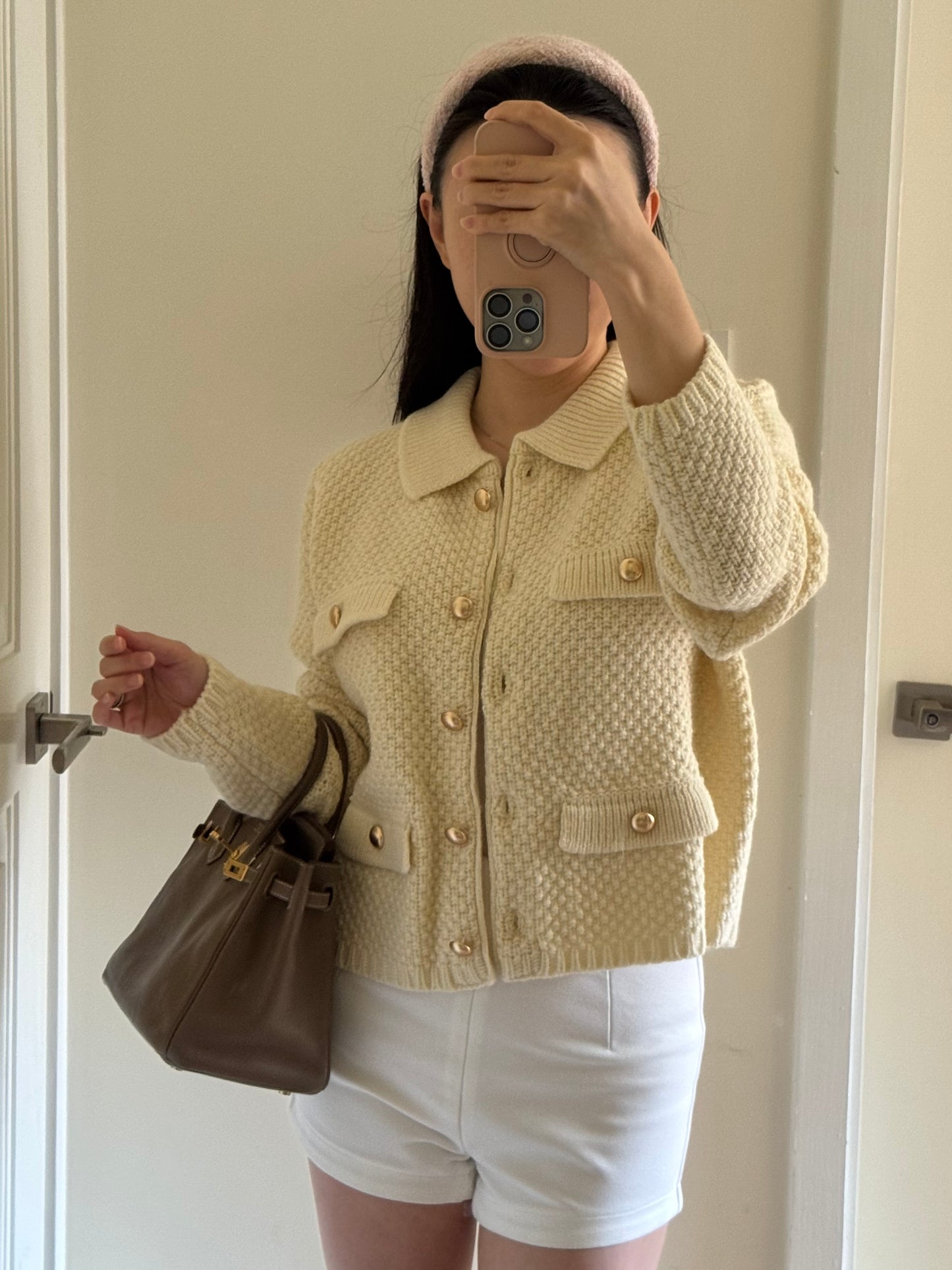 Waffle Knit Cardigan 米白色金扣針織外套