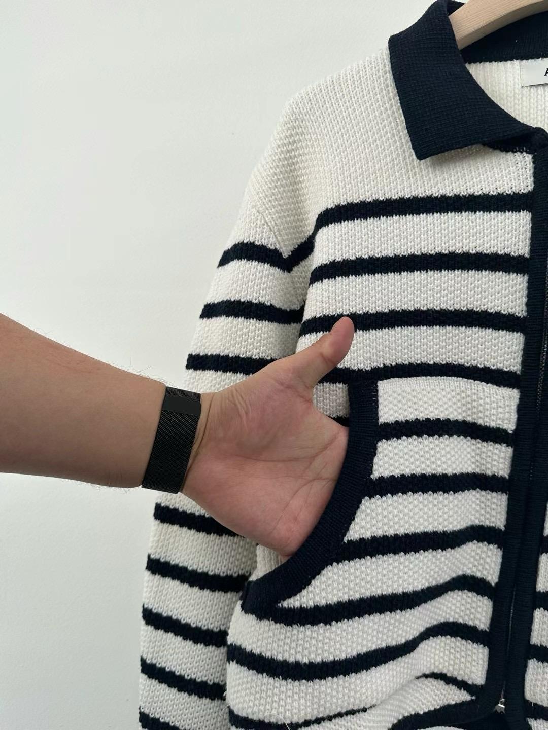Zip-up Collared Striped Knitted Cotton Sweater *2 Colors
