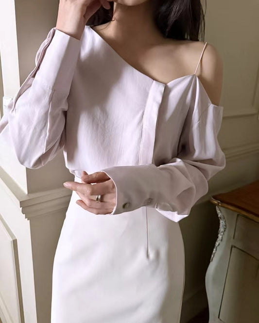 One-shoulder Long Sleeved Slit Top *3 Colors 5241158