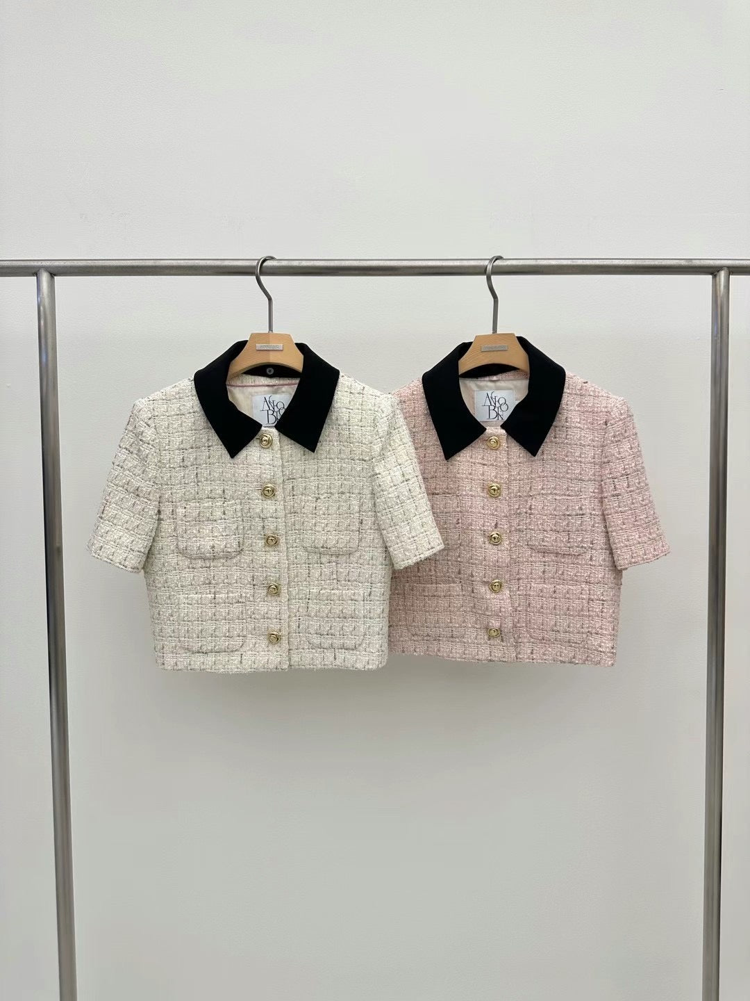 Short Sleeved Collar Tweed Jacket * Pink / Beige