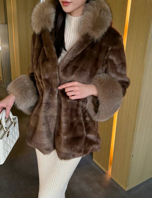 Premium Saga Fur Slim Coat Brown