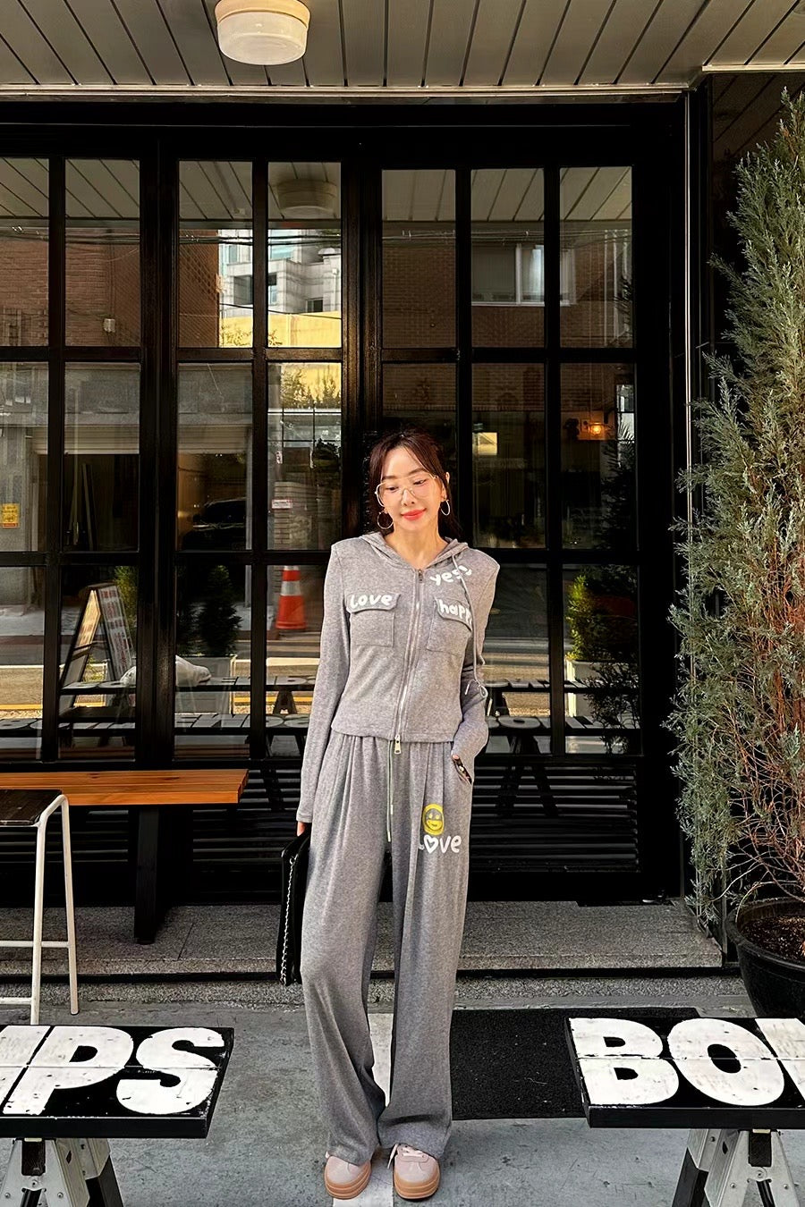 Grey Happy Zip Up Pants Set