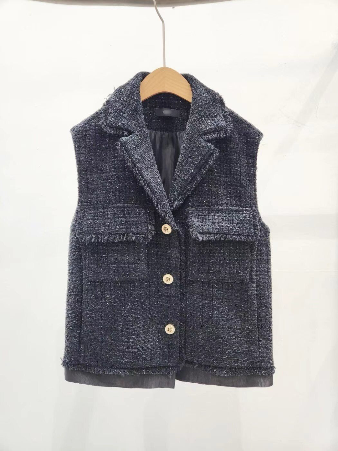 Collared Fringe Tweed Vest