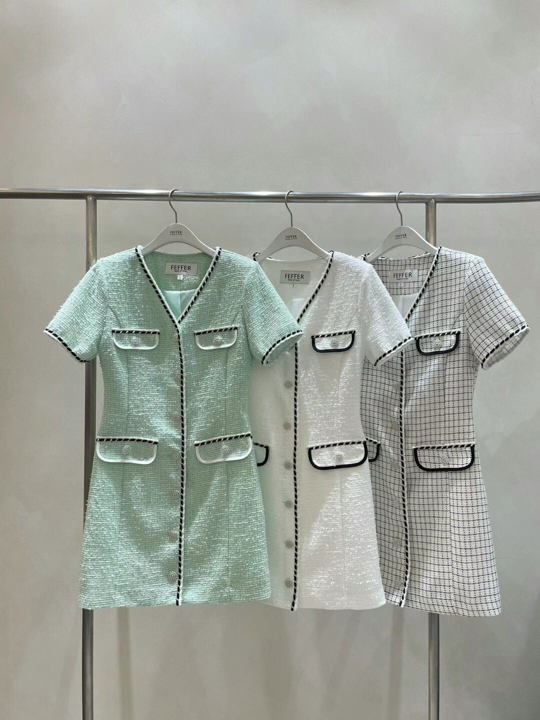 V-neck Short Sleeved Button down Tweed Dress *3 Colors