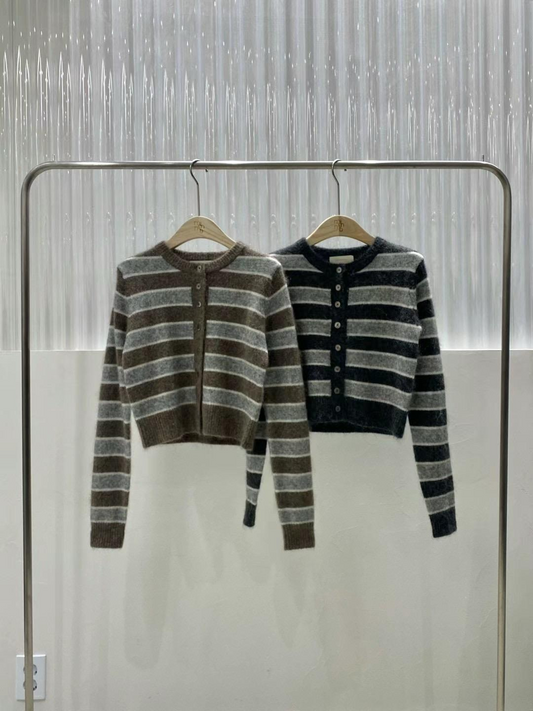 Button-Up Striped Wool Knitted Cardigan *2 Colors