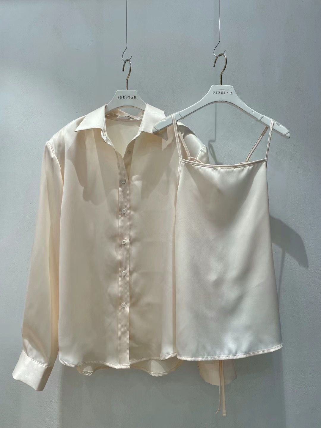 Long Sleeved Satin Shirt & Camisole Set *2 Colors