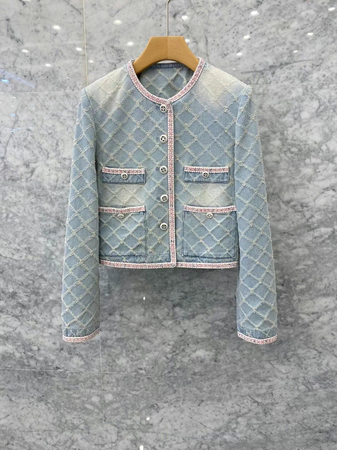 Argyle Pattern Washed Denim Jacket