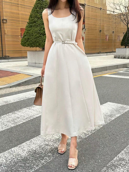 Sleeveless Square-neck Maxi Dress w/ Belt