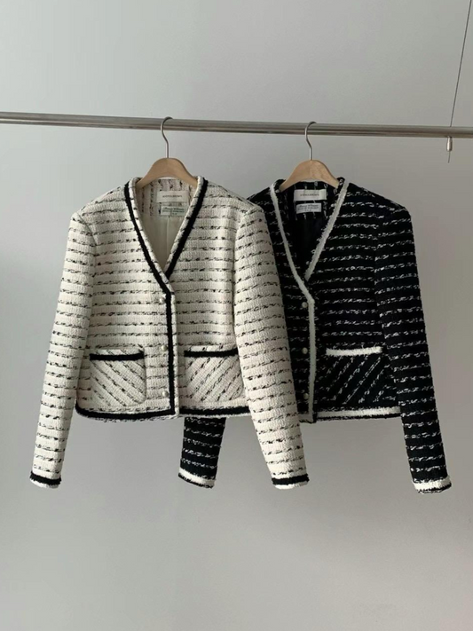 V-Neck Contrast Trim Tweed Jacket *2 Colors