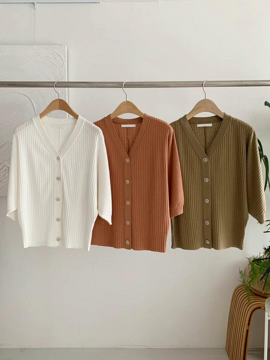 V-neck Ribbed Knit Cardigan *3 Colors