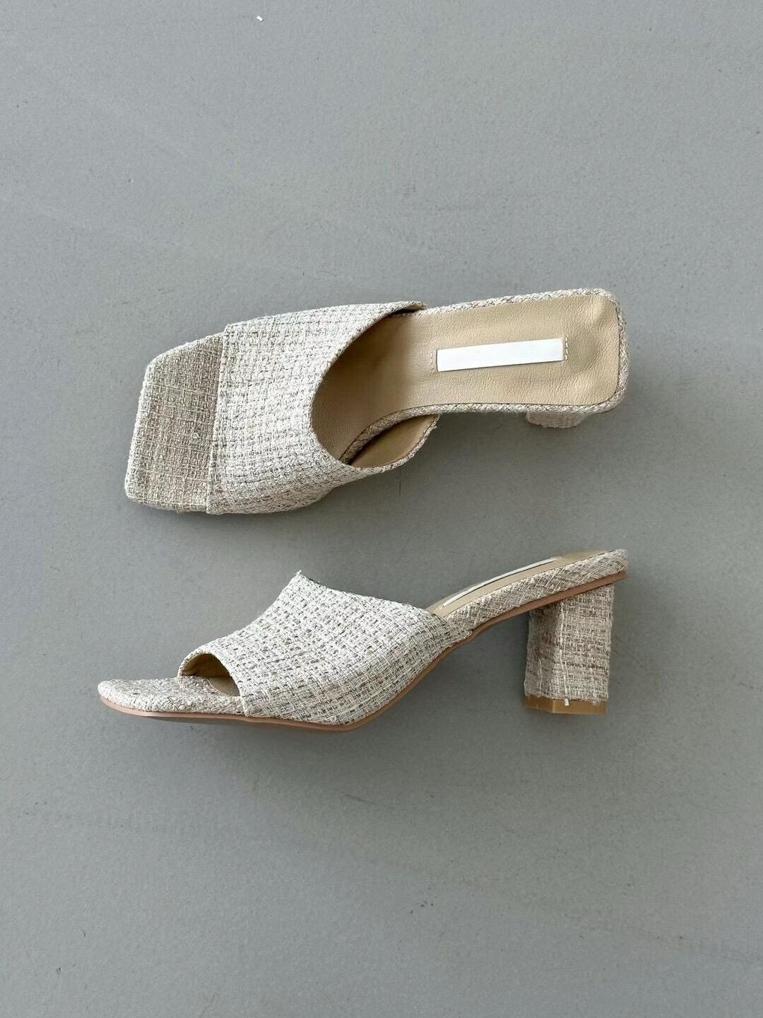 Square-toe Tweed Heeled Sandals *6 Colors