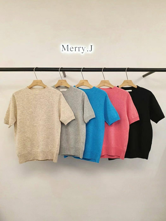 Crewneck Knitted Short Sleeved Sweater Top *5 Colors