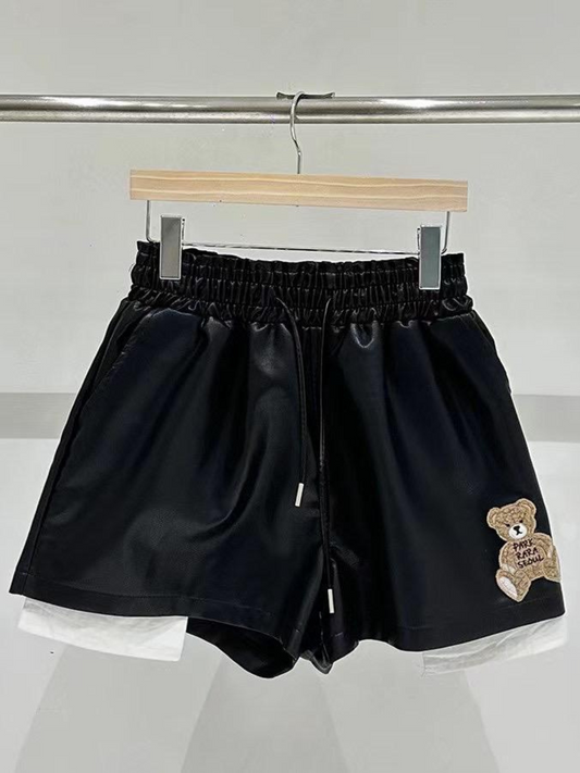 Embroidered Logo Drawstring Waist Leather Shorts