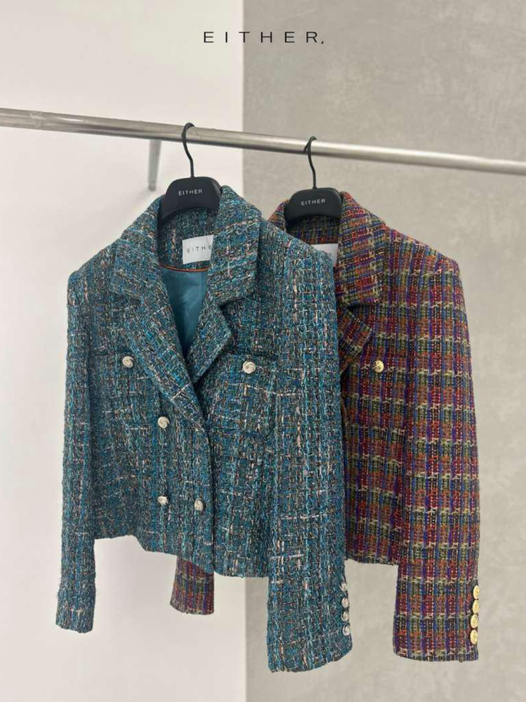 Double-breasted Tweed Plaid Jacket *2 Colors