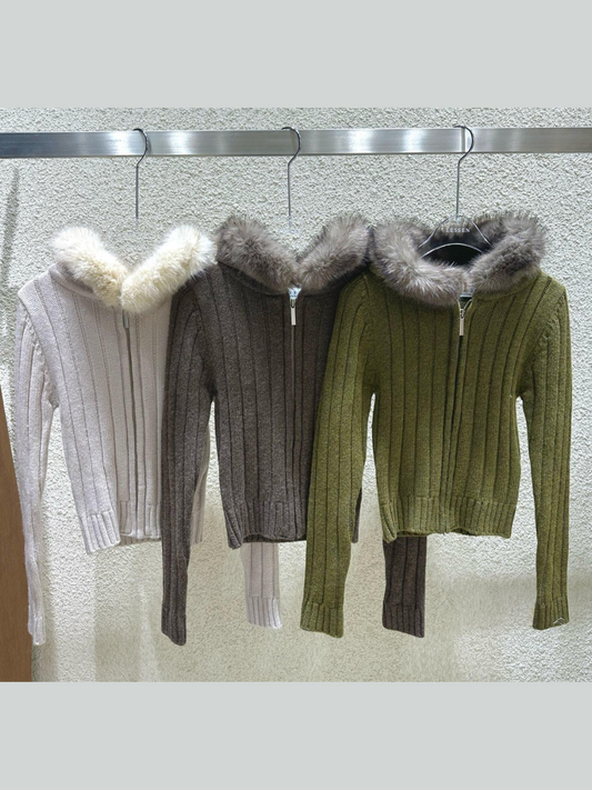 Fur Collar Zip-up Knitted Cardigan *3 Colors