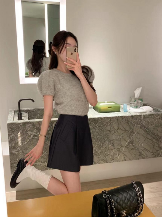 Short Puff Sleeve Knitted Top *2 Colors