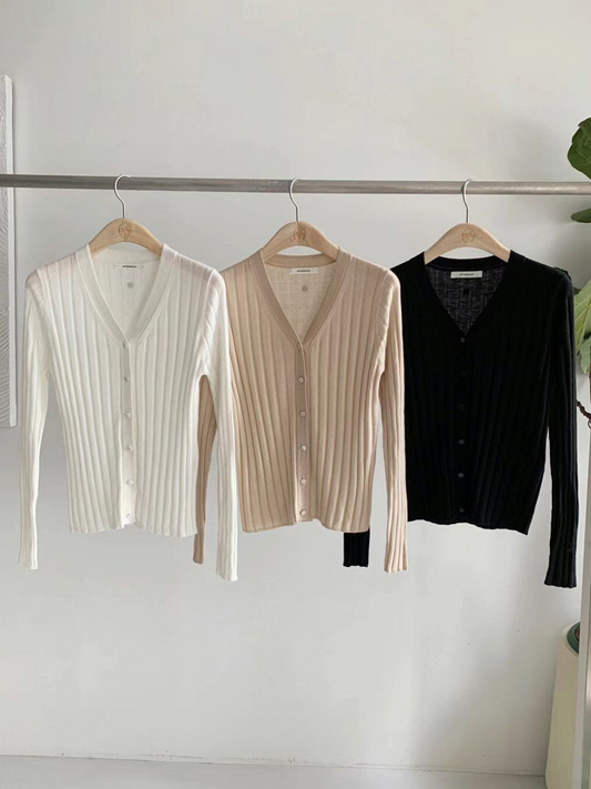 Ribbed Knit V-neck Long-Sleeved Cardigan *3 Colors