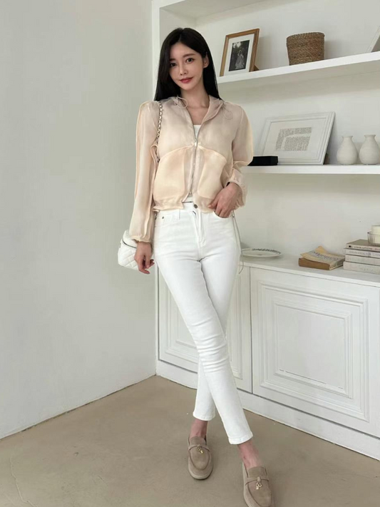 Beige Full-Zip Chiffon Jacket