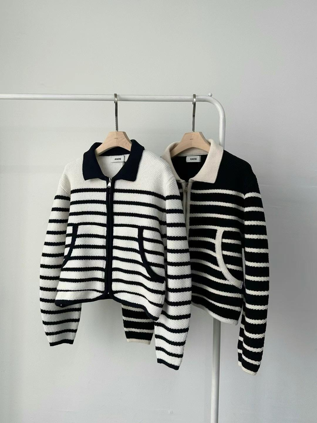 Zip-up Collared Striped Knitted Cotton Sweater *2 Colors