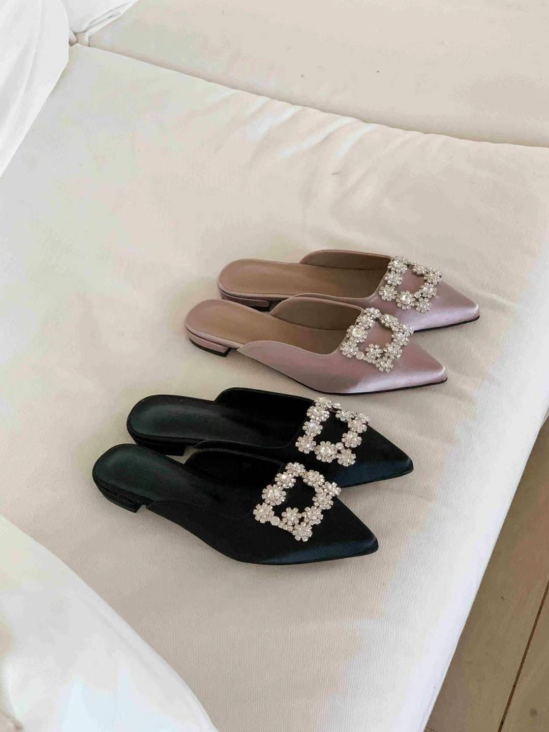 Rhinestones Flat Satin Mules *2 Colors