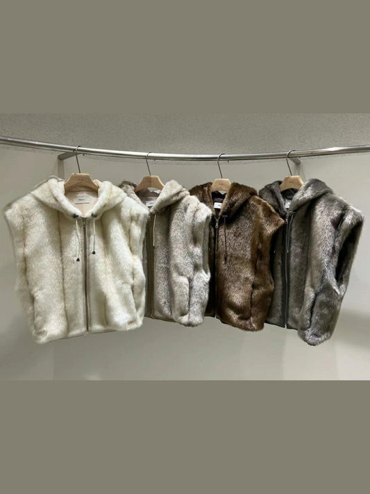 Merry J Sleeveless Full-Zip Hooded Fur Vest *4 Colors