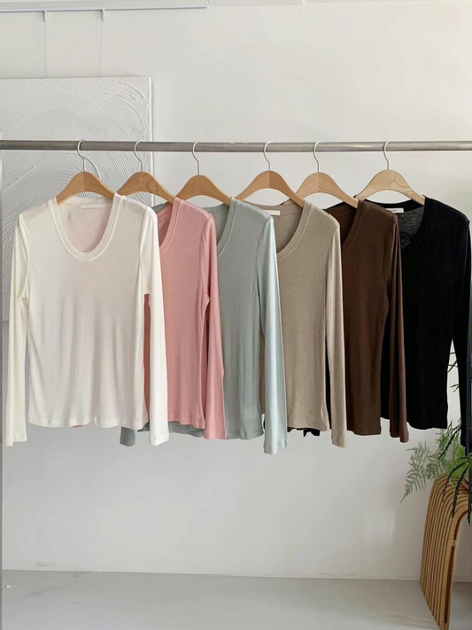 Long Sleeved Scoop Neck Knit T-Shirt *6 Colors