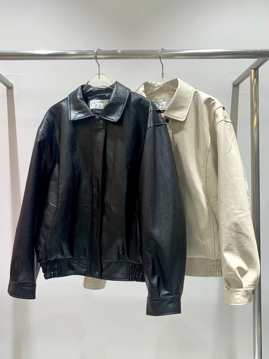 Collared Long-sleeved Leather Jacket *2 Colors