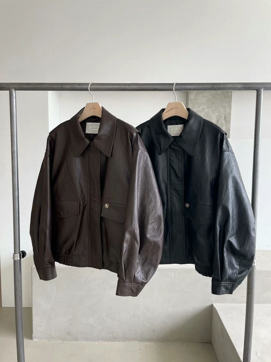 Genuine Leather Collared Jacket *2 Colors