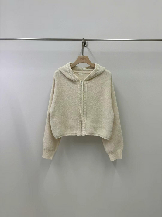 Ribbed-trim Hooded Zip-up Knitted Sweater *3 Colors