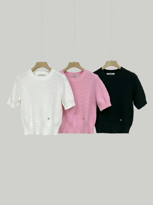 Crew Neck Short-sleeved Knitted Sweater *3 Colors