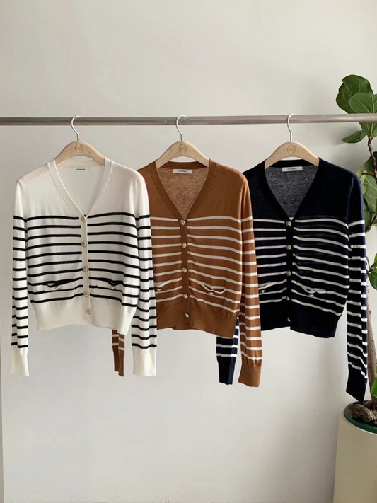 V-neck Knitted Striped Cardigan *3 Colors