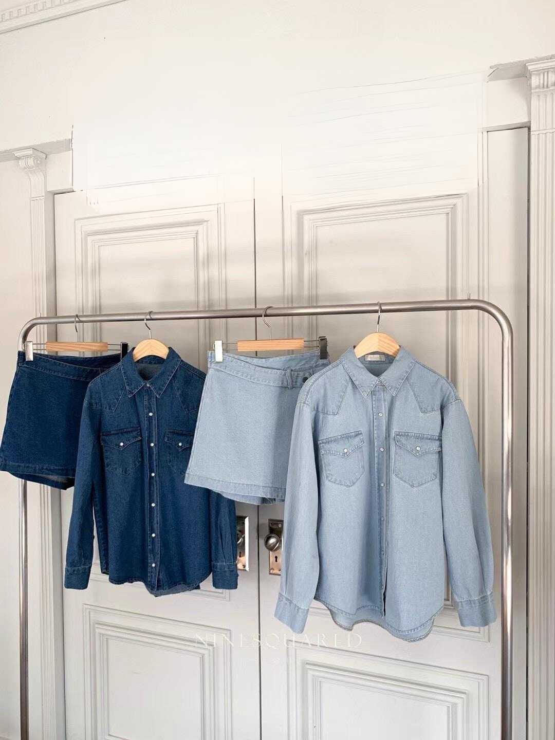 Denim Long-Sleeved Shirt & Skirt Set *2 Colors (Sold Separately)