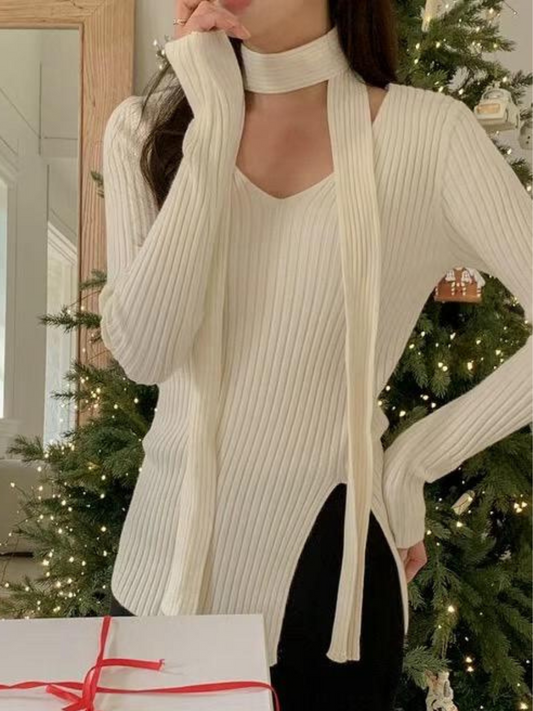 V-Neck Long Sleeve Knitted Top with Scarf *3 Colors