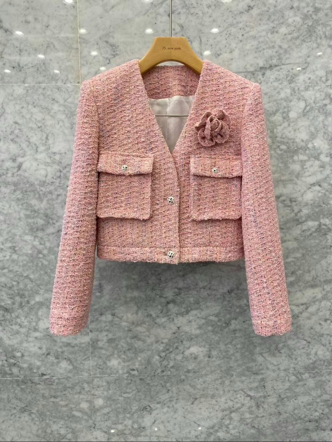 V-neck Patch Pockets Tweed Jacket