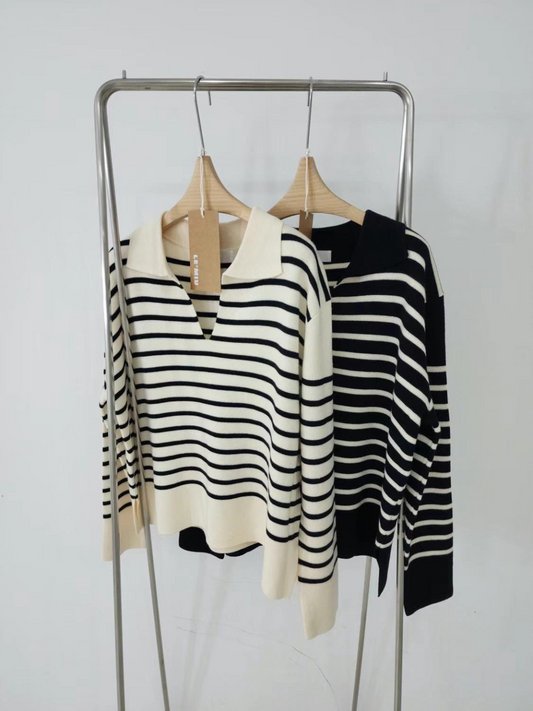 Collared Striped Knitted Sweater *2 Colors