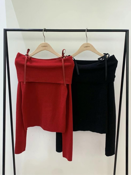 Off-Shoulder Knitted Tie-Strap Top *2 Colors