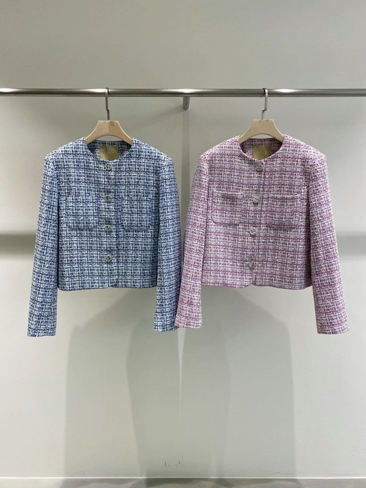 Round-neck Tweed Plaid Jacket *2 Colors