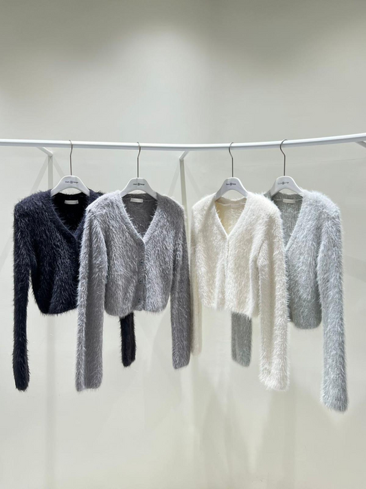 V-Neck Fuzzy Cropped Cardigan *4 Colors