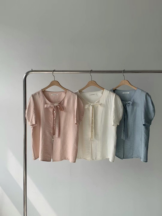 Button-down Tie Short Sleeved Blouse *3 Colors]