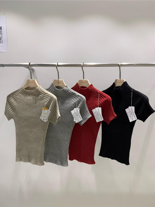 Mock Neck Knit Short Sleeved Top *4 Colors