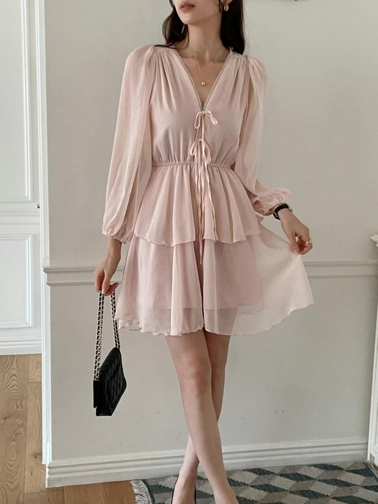 V-neck Long Sleeved Layered Dress