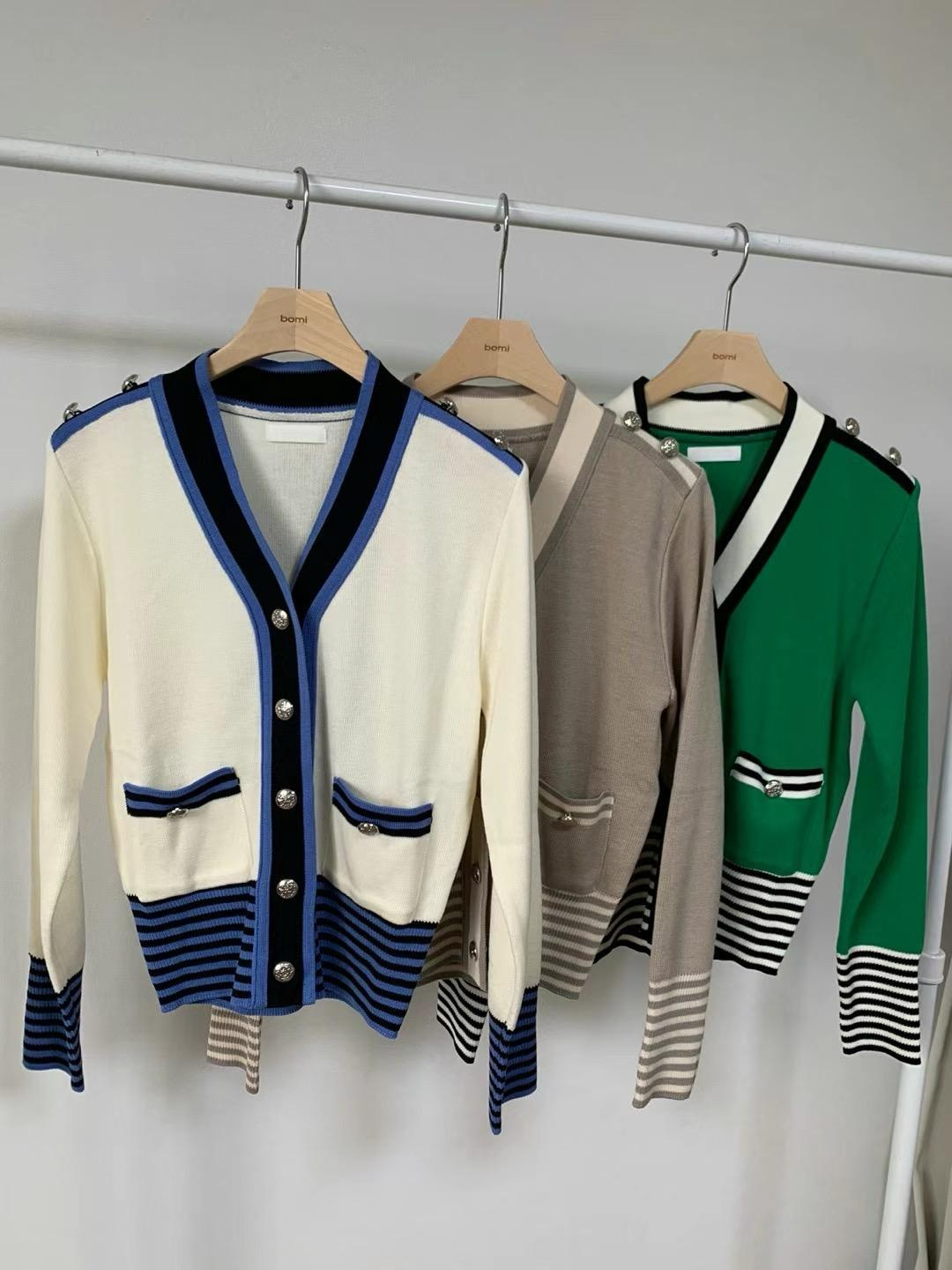 V-neck Contrast Trim Stripe Knit Cardigan *3 Colors