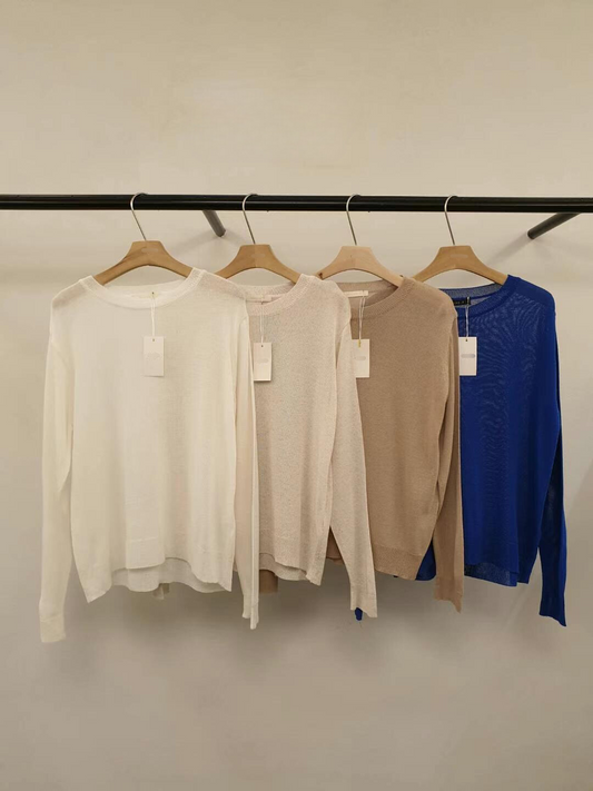 Boat Neck Sheer Long Sleeved Knitted Top *4 Colors