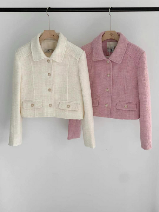 Button-up Collared Tweed Crop Jacket *2 Color